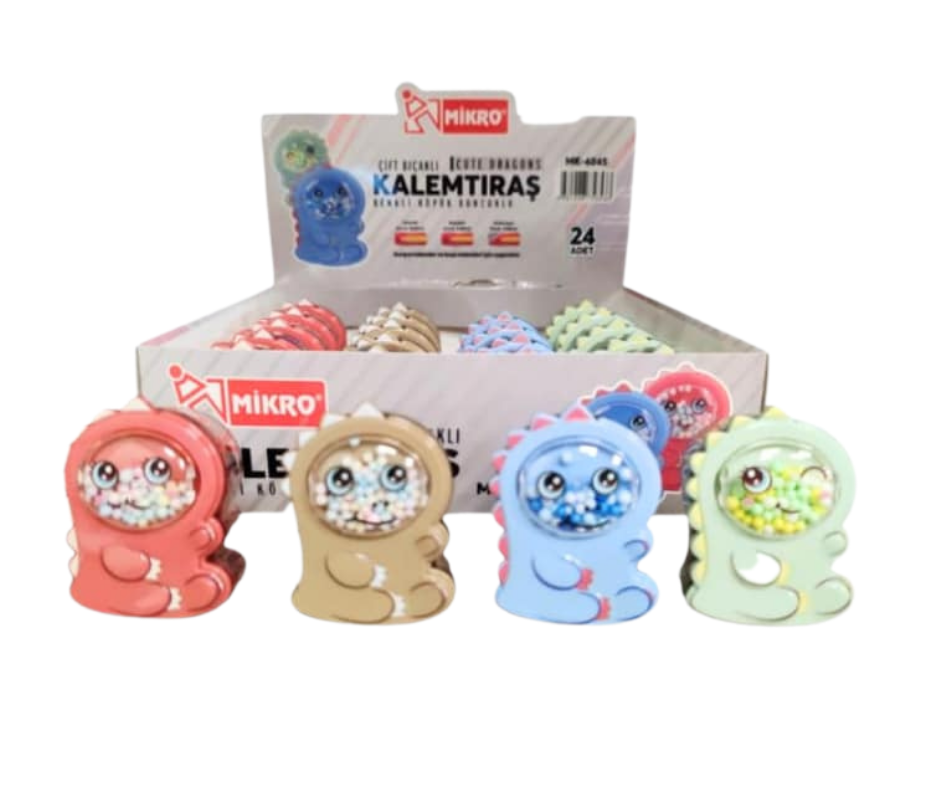 MİKRO MK-4045 CUTE DRAGONS ÇİFT BIÇAKLI KALEMTRAŞ RENKLİ KÖPÜK BONCUKLU 24'LÜ *24