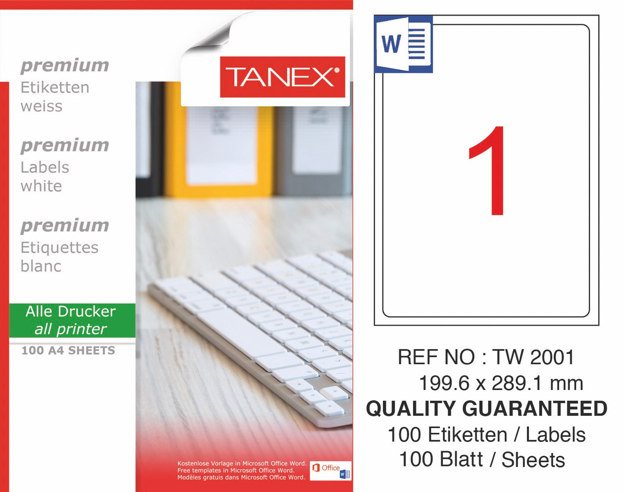 TANEX TW-2001 LAZER ETİKET 199,6X289,1MM 100'LÜ *20