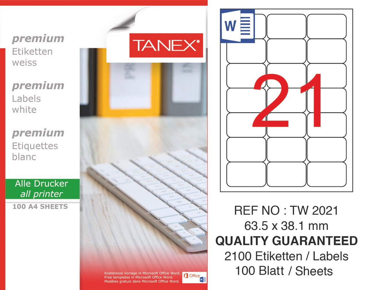 TANEX TW-2021 LAZER ETİKET 63,5*38,1MM 100'LÜ *20