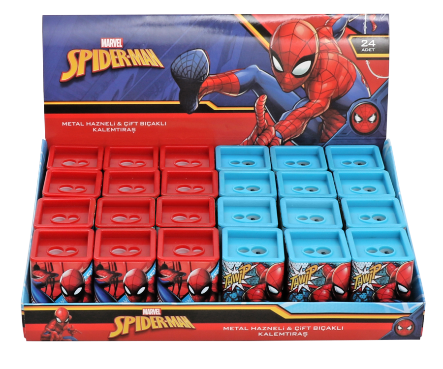 OTTO.40436D SPIDERMAN METAL HAZNELİ ÇİFT BIÇAKLI KALEMTRAŞ WEB 24'LÜ ^*384